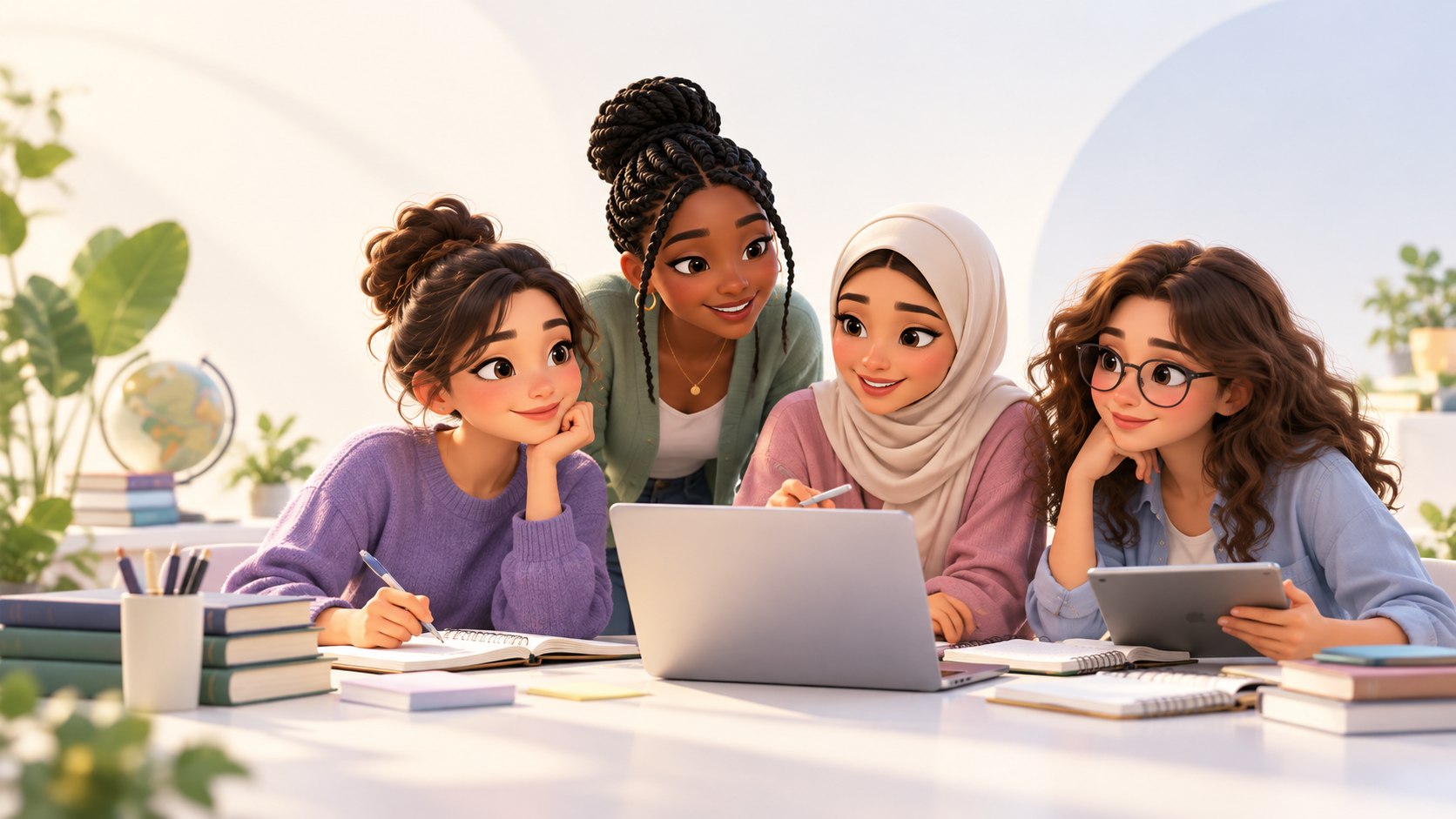 Diverse university students collaborating around a laptop while working on research