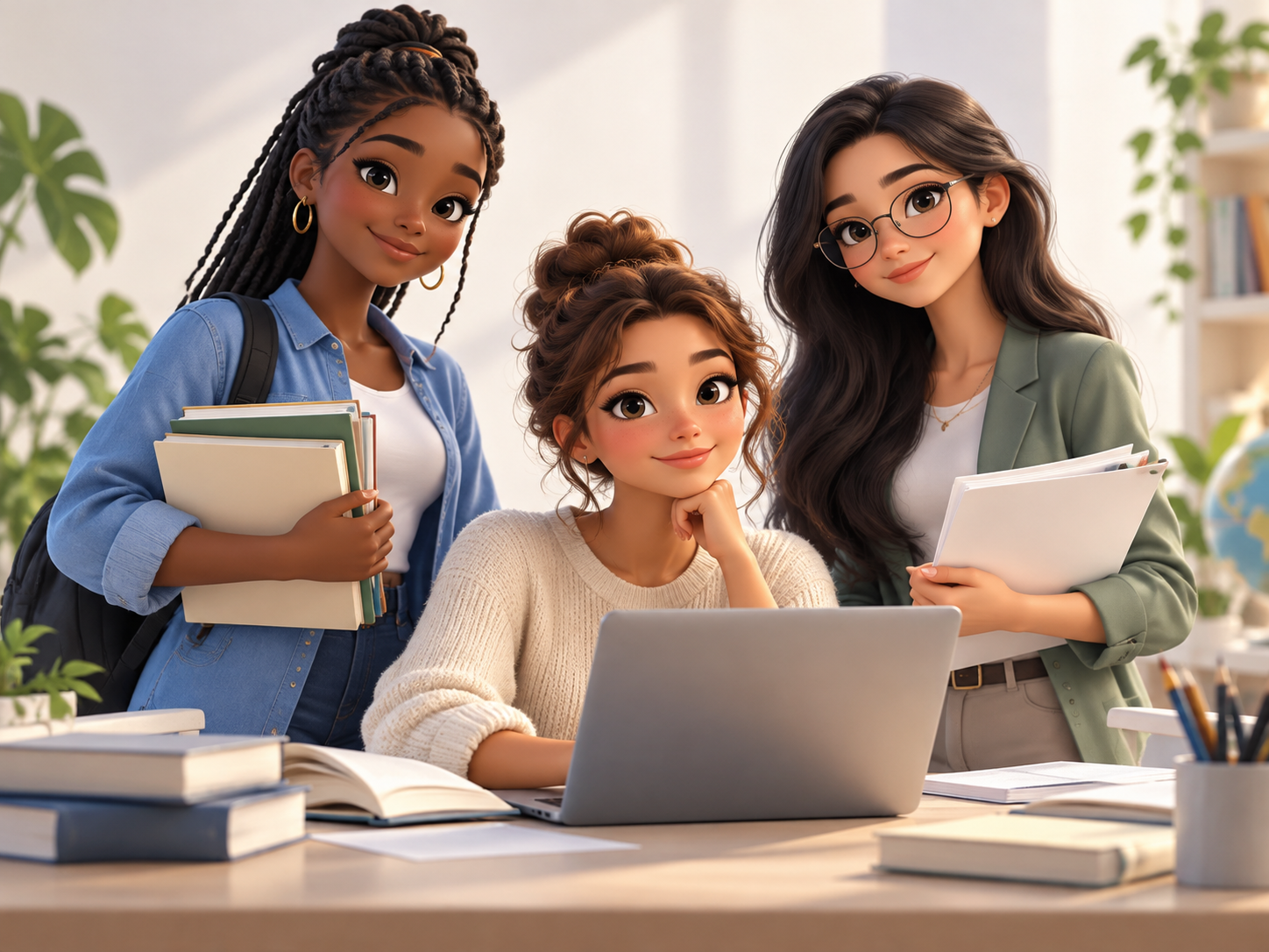 Diverse university students collaborating on research around a laptop